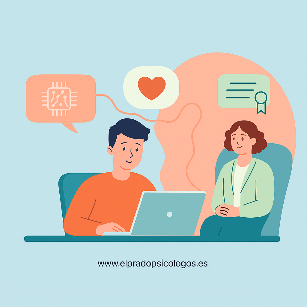 IA como apoyo, la terapia como vínculo Ilustración de un paciente con portátil entre un icono de chip y una psicóloga, conectados por un corazón; IA PSICÓLOGO como apoyo, no sustituto.